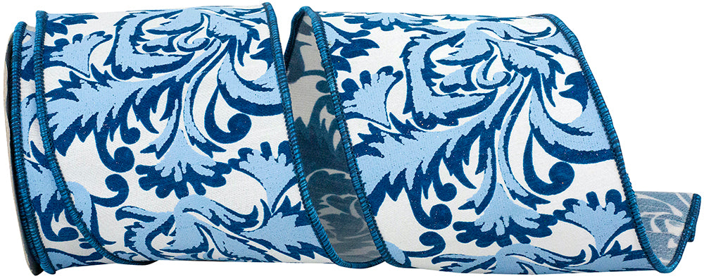 Blue 4 Inch Scroll Leaf Moderna Deluxe Wired Edge Ribbon for Wreaths & Bows