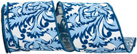 Blue 4 Inch Scroll Leaf Moderna Deluxe Wired Edge Ribbon for Wreaths & Bows