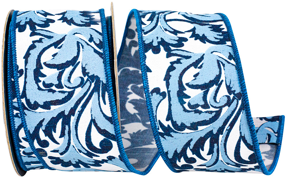 Blue 2-1 2 Inch Scroll Leaf Moderna Deluxe Wired Edge Ribbon for Wreaths & Bows