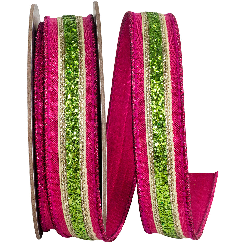 Glitter Stripe Metallic Dupioni Ribbon Fuchsia Lime 1 Inch
