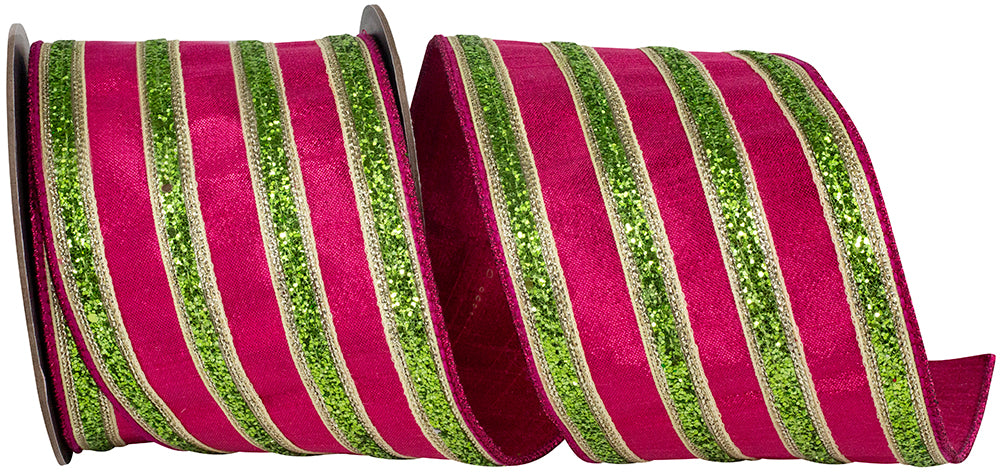 Glitter Stripe Metallic Dupioni Ribbon Fuchsia Lime 4 Inch