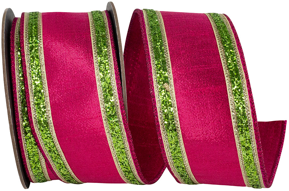 Fuchsia Lime Glitter Stripe Metallic Dupioni Ribbon 2-1/2 Inch