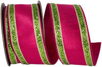Fuchsia Lime Glitter Stripe Metallic Dupioni Ribbon 2-1/2 Inch
