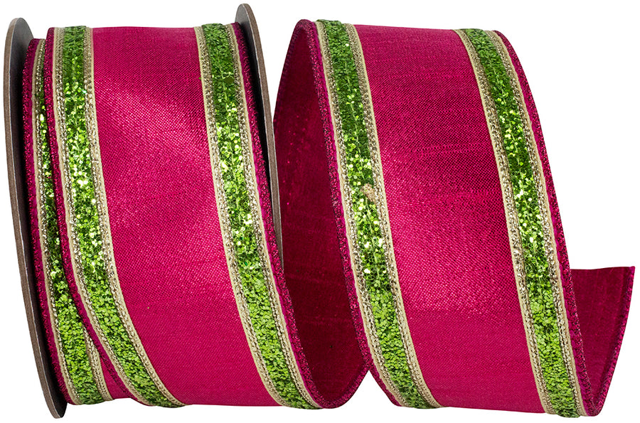 Fuchsia Lime Glitter Stripe Metallic Dupioni Ribbon 2-1/2 Inch