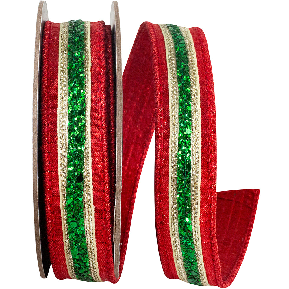 Glitter Stripe Metallic Dupioni Ribbon Red Green 1 Inch