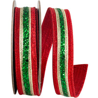 Glitter Stripe Metallic Dupioni Ribbon Red Green 1 Inch