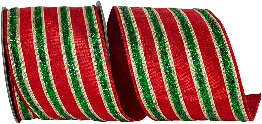Glitter Stripe Metallic Dupioni Ribbon Red Green 4 Inch
