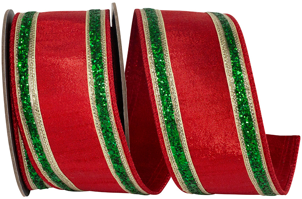 Glitter Stripe Metallic Dupioni Ribbon Red Green 2-1/2 Inch