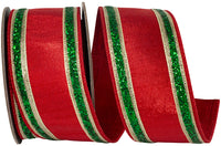 Glitter Stripe Metallic Dupioni Ribbon Red Green 2-1/2 Inch