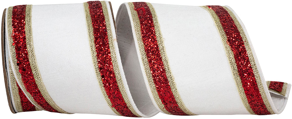 4 Inch White Red Dupioni Glitter Edge Wired Ribbon