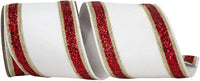 4 Inch White Red Dupioni Glitter Edge Wired Ribbon