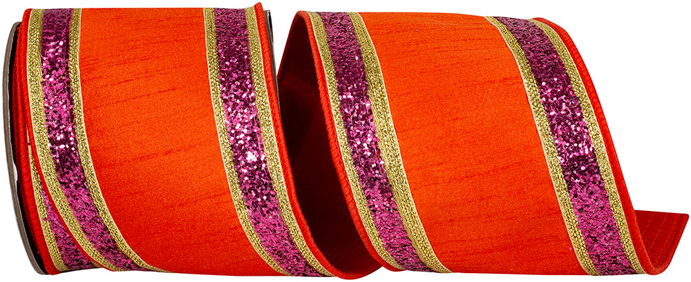 Orange 4 Inch Wired Edge Glitter Ribbon for Wreaths and Bows