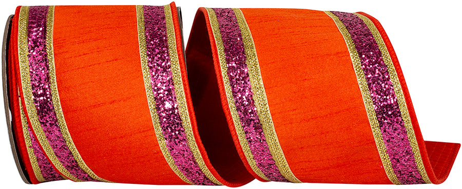 Orange 4 Inch Wired Edge Glitter Ribbon for Wreaths and Bows