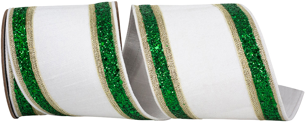 Dupioni Regalia Glitter Edge Ribbon White Green 4 Inch