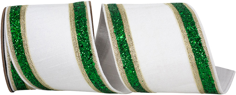 Dupioni Regalia Glitter Edge Ribbon White Green 4 Inch