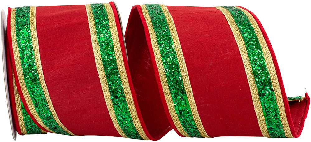 Dupioni Glitter Edge Ribbon 4 Inch Red Green 5 Yards