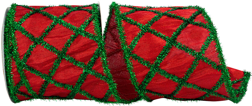 Metallic Lattice Wired Edge Ribbon Red Green 4 Inch
