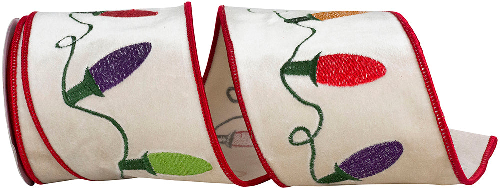 Multi 4 Inch Christmas Lights Embroidered Plush Velvet Deluxe Wired Edge Ribbon for Wreaths & Bows