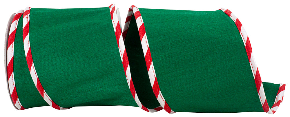 Green 4 Inch Candy Cane Ticking Edge Dupioni Deluxe Wired Edge Ribbon for Wreaths & Bows