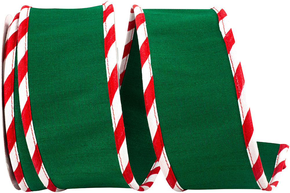 Green 2-1 2 Inch Candy Cane Ticking Edge Dupioni Deluxe Wired Edge Ribbon for Wreaths & Bows
