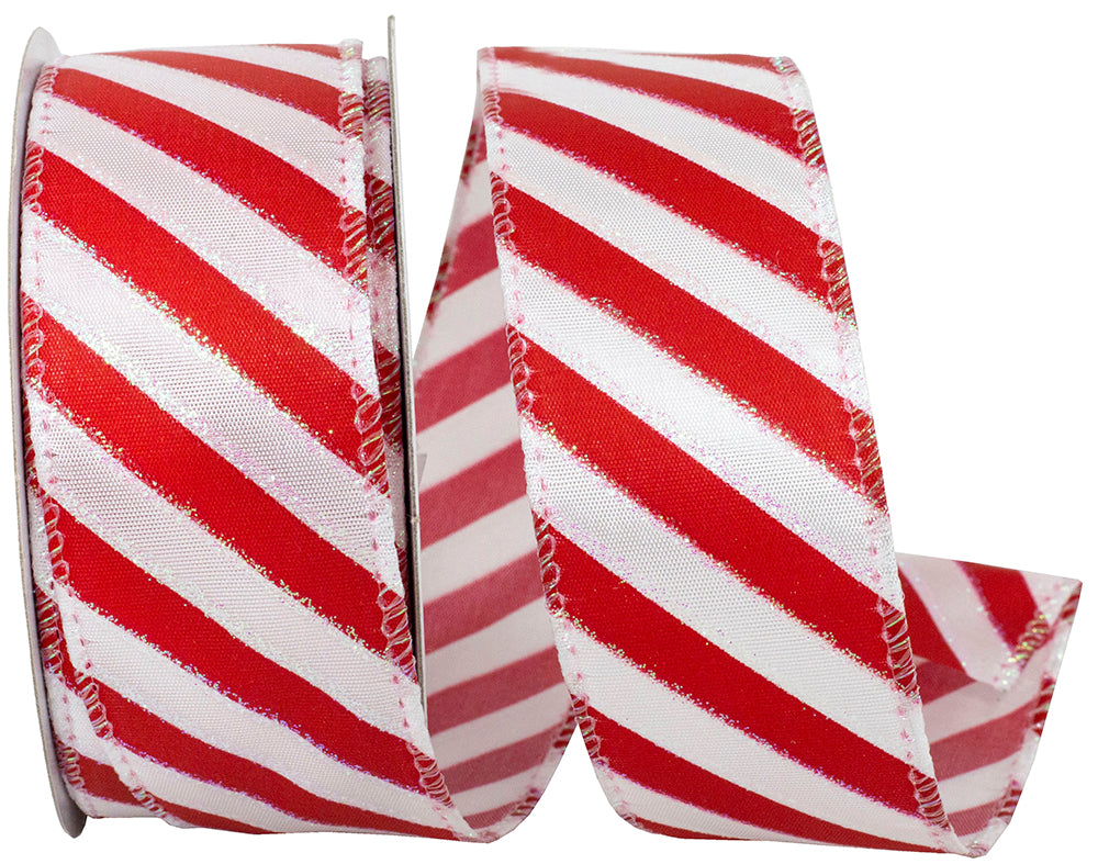 Red White 1-1 2 Inch Candy Cane Iridescent Stripe Wired Edge Ribbon for Wreaths & Bows
