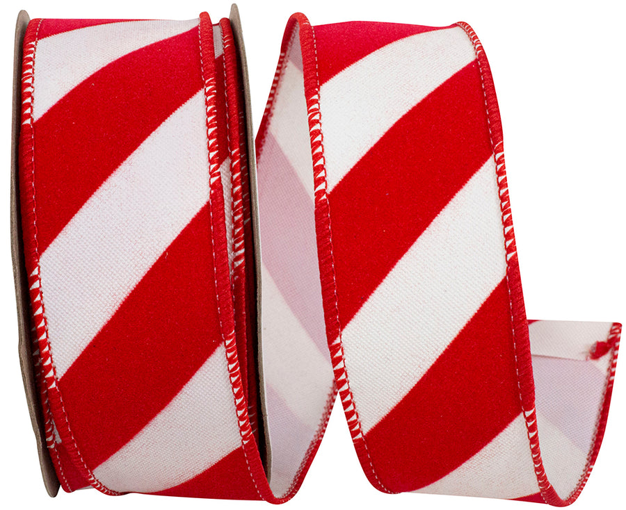Red White 1-1 2 Inch Candy Cane Grand Velvet Stripe Outdoor Polypro Wired Edge Ribbon for Wreaths & Bows