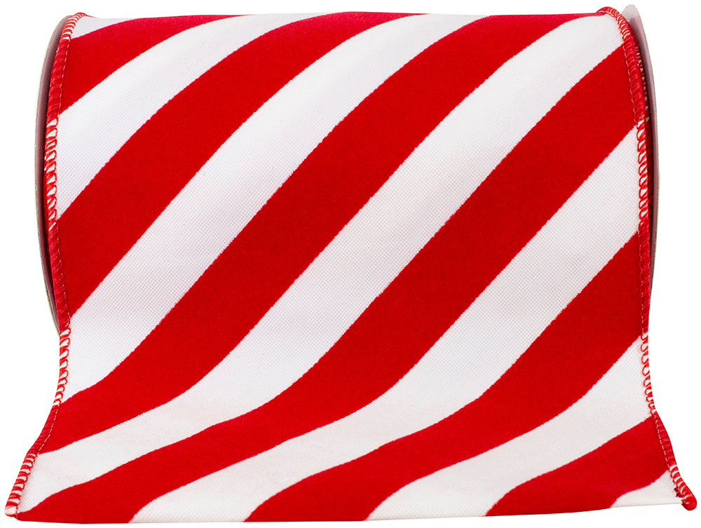 Red White 6 Inch Candy Cane Grand Velvet Stripe Outdoor Polypro Wired Edge Ribbon for Wreaths & Bows