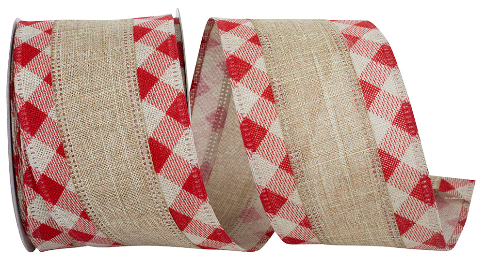 Gingham Linen Wired Edge Ribbon Natural Red 2-1/2 Inch