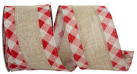 Gingham Linen Wired Edge Ribbon Natural Red 2-1/2 Inch