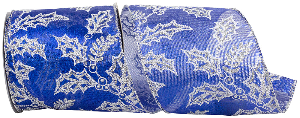 Holly Glitter Outlines Metallic Wired Edge Ribbon 4 Inch Royal Silver