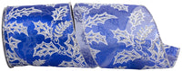 Holly Glitter Outlines Metallic Wired Edge Ribbon 4 Inch Royal Silver