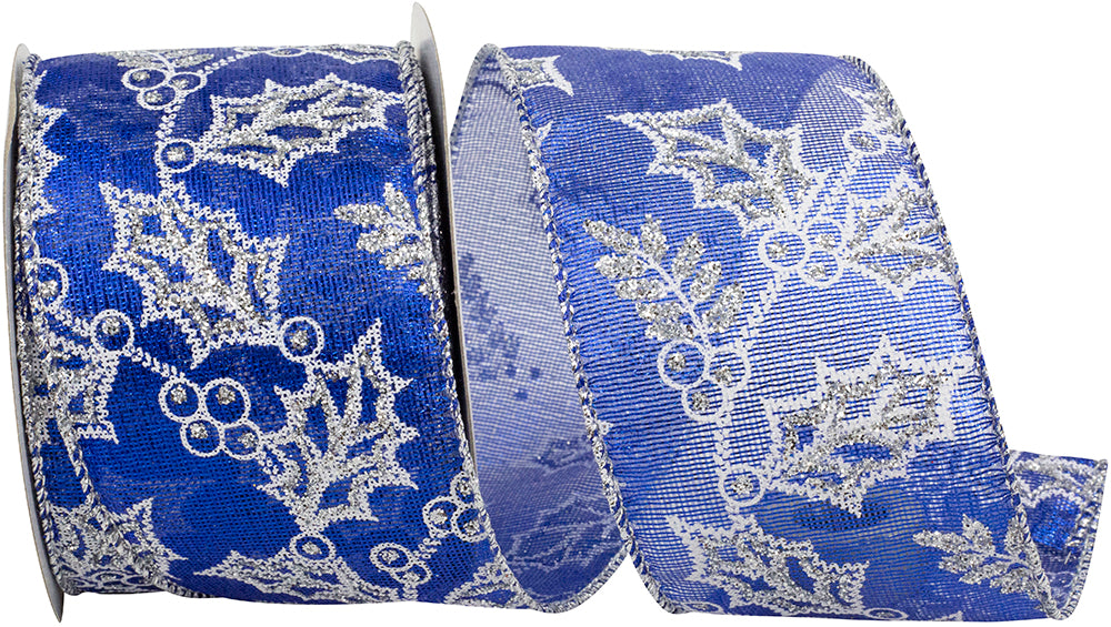 Holly Glitter Outlines Metallic Wired Edge Ribbon Royal Silver 2.5 Inch
