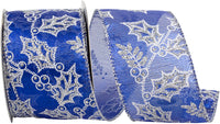 Holly Glitter Outlines Metallic Wired Edge Ribbon Royal Silver 2.5 Inch