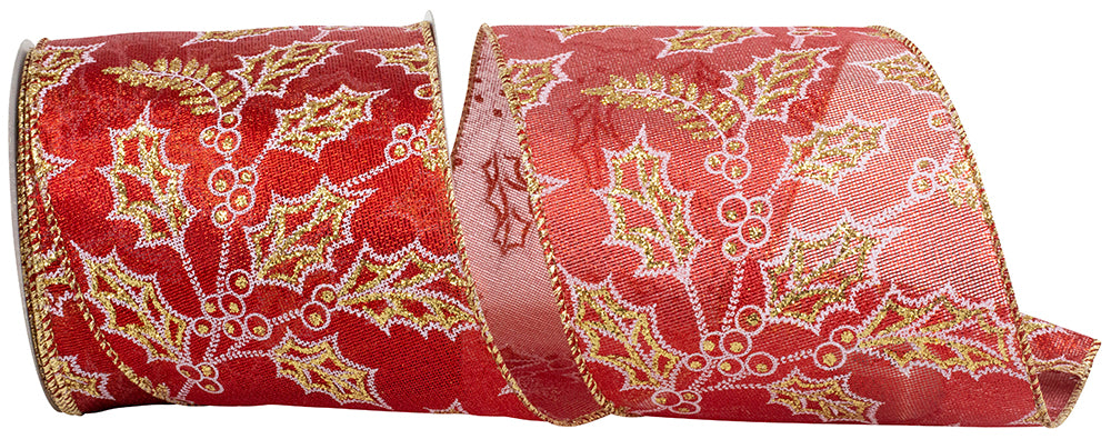 Holly Glitter Outlines Red Gold Wired Edge Ribbon 4 Inch