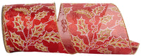 Holly Glitter Outlines Red Gold Wired Edge Ribbon 4 Inch