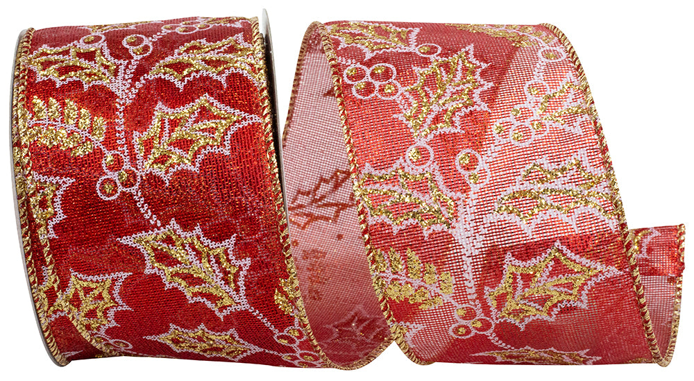 Holly Glitter Outlines Red Gold Wired Edge Ribbon 2-1/2 Inch