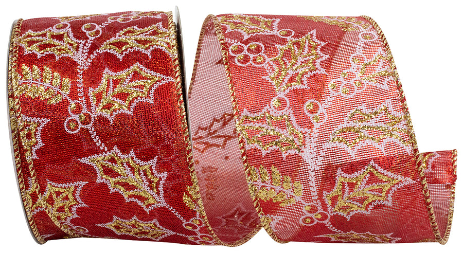 Holly Glitter Outlines Red Gold Wired Edge Ribbon 2-1/2 Inch