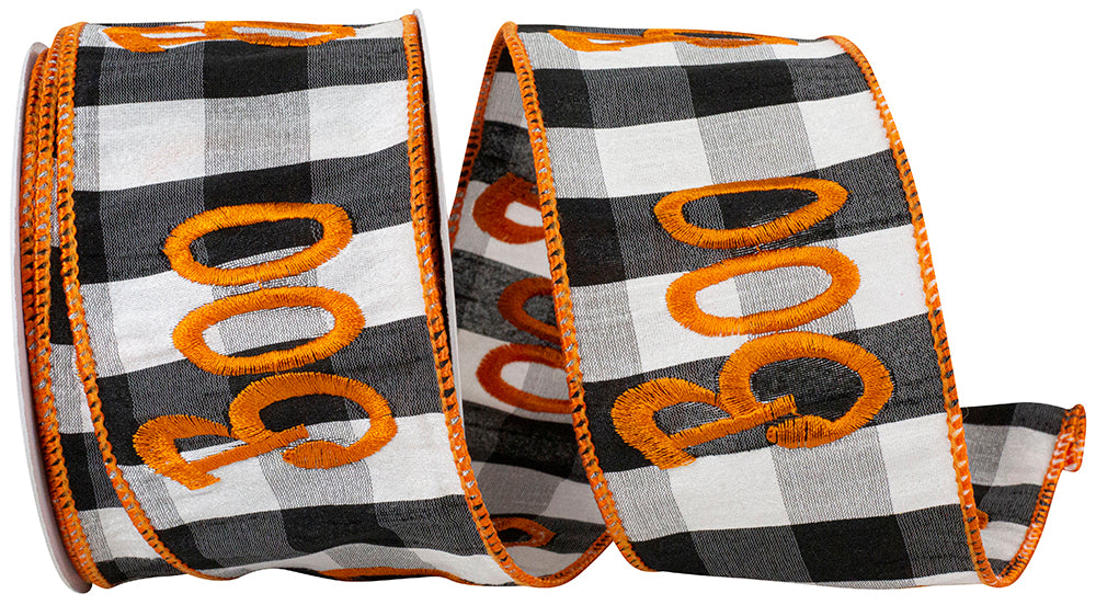 Orange Black 2-1 2 Inch Boo Embroidery Dupioni Buffalo Check Wired Edge Ribbon for Wreaths & Bows