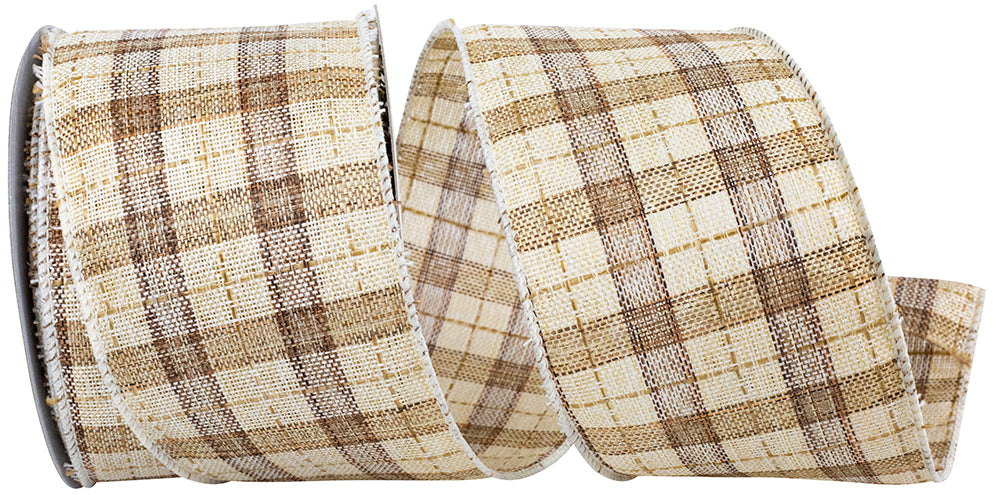 Natural Linen Plaid Wired Edge Ribbon 2-1/2 Inch for Bows