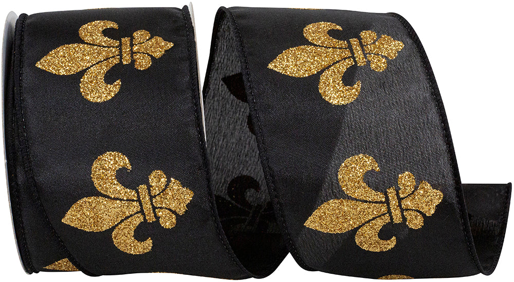 Fleur De Lis Jumbo Glitter Satin Ribbon Black Gold 2-1/2 Inch