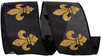 Fleur De Lis Jumbo Glitter Satin Ribbon Black Gold 2-1/2 Inch