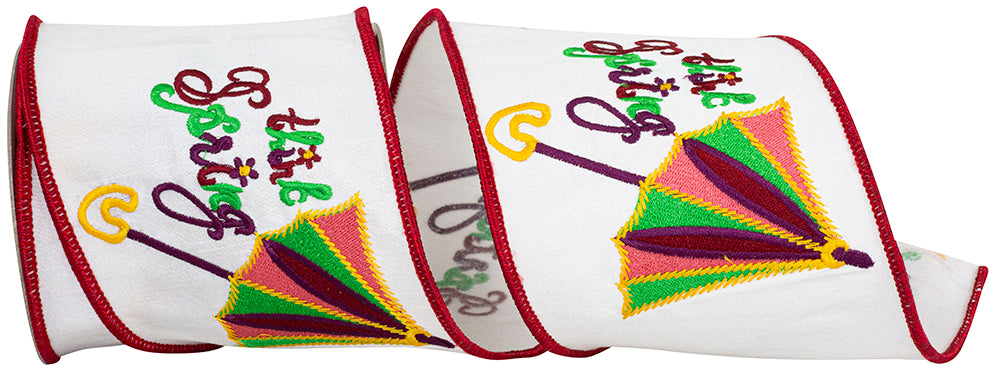 White Red 4 Inch Think Spring Embroidery Deluxe Wired Edge Ribbon for Wreaths & Bows