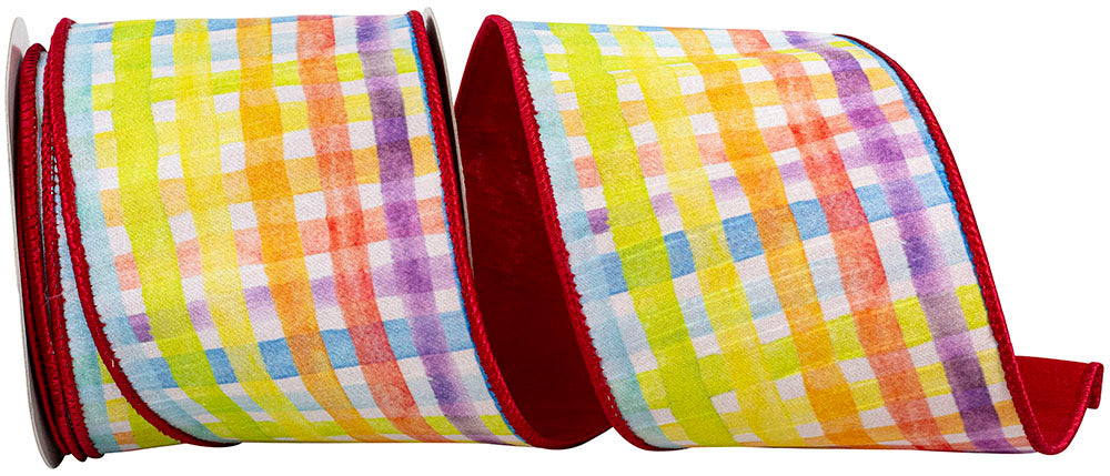 Water Color Plaid Print 4 Inch Wired Edge Ribbon Multi