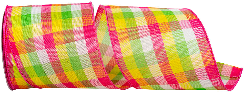 Wired Edge Plaid Ribbon 4 Inch Pink 10 Yards Polyester