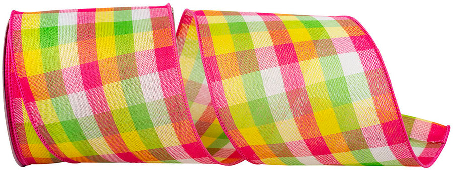 Wired Edge Plaid Ribbon 4 Inch Pink 10Yds Polyester