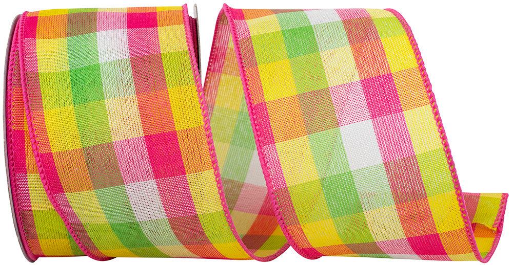 Pink Plaid Wired Edge Ribbon 2-1/2 Inch 100% Polyester