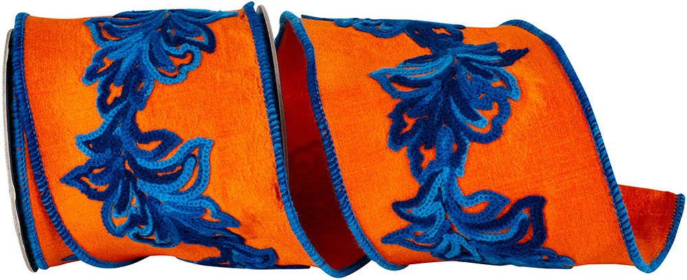 Filigree Embroidery Leaf Vine Ribbon 4 Inch Orange Turquoise
