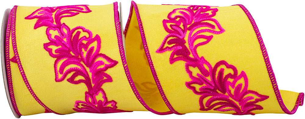 Filigree Embroidery Leaf Vine Ribbon Yellow Fuchsia 4 Inch