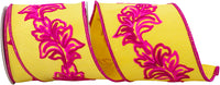 Filigree Embroidery Leaf Vine Ribbon Yellow Fuchsia 4 Inch