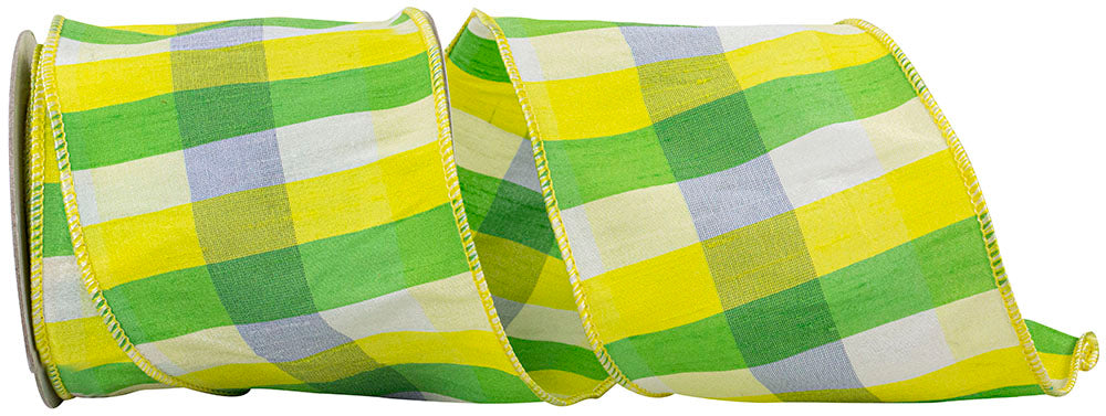 Citrus Plaid Dupioni Ribbon Lime Yellow 4 Inch for Wreaths